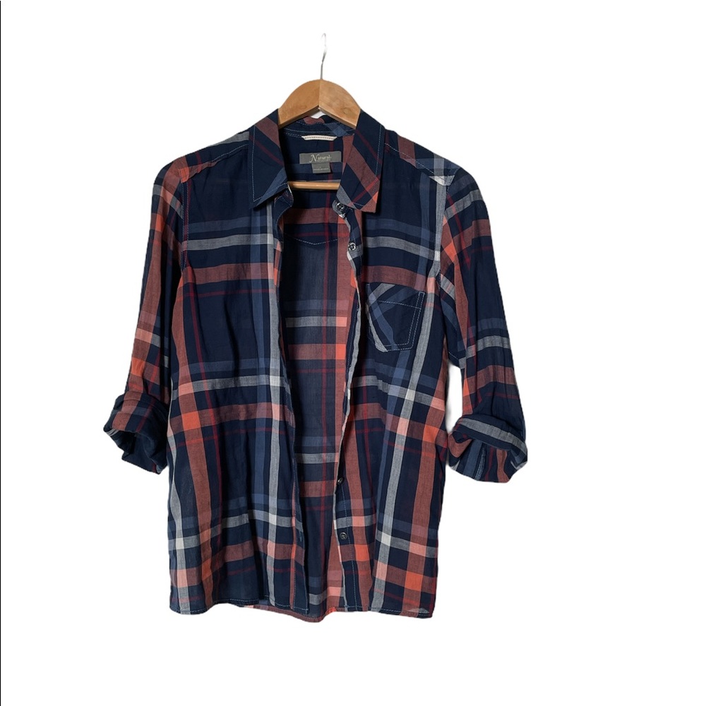 🍂 Natural fibre blue and orange plaid shirt size L